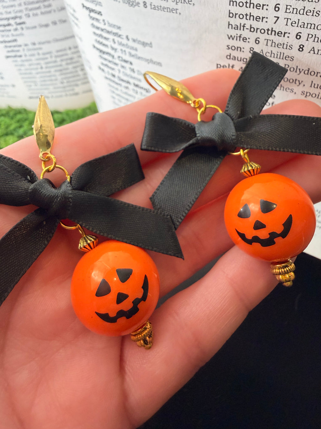 Gold Pumpkin with Black Bow Earrings
