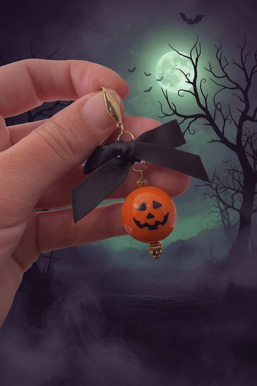 Gold Pumpkin with Black Bow Earrings